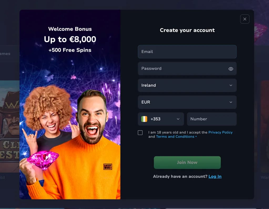 Formulaire d'inscription au casino premium LuckyWins